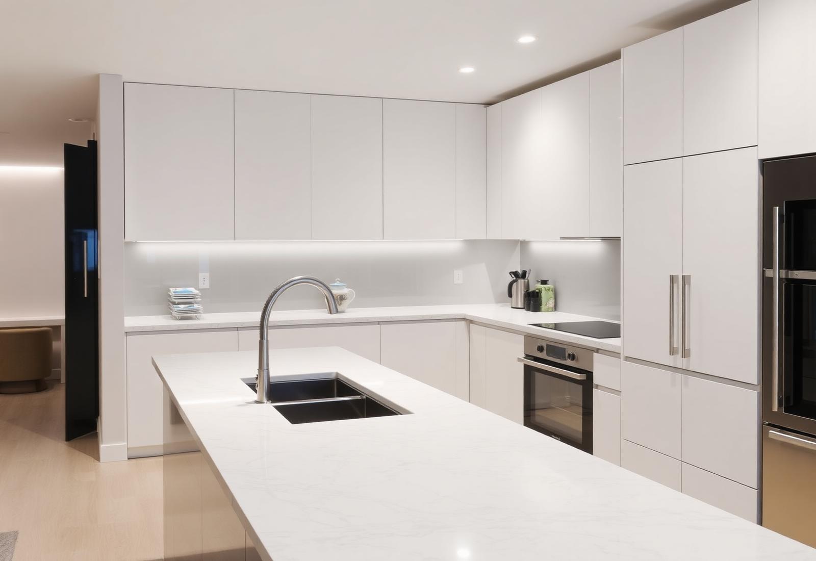 Kitchen reference — Thermofoil cabinetry with quartz countertop